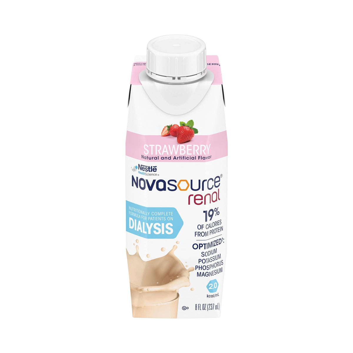 NovaSource Renal Strawberry bottle front view, protein-rich nutrition.