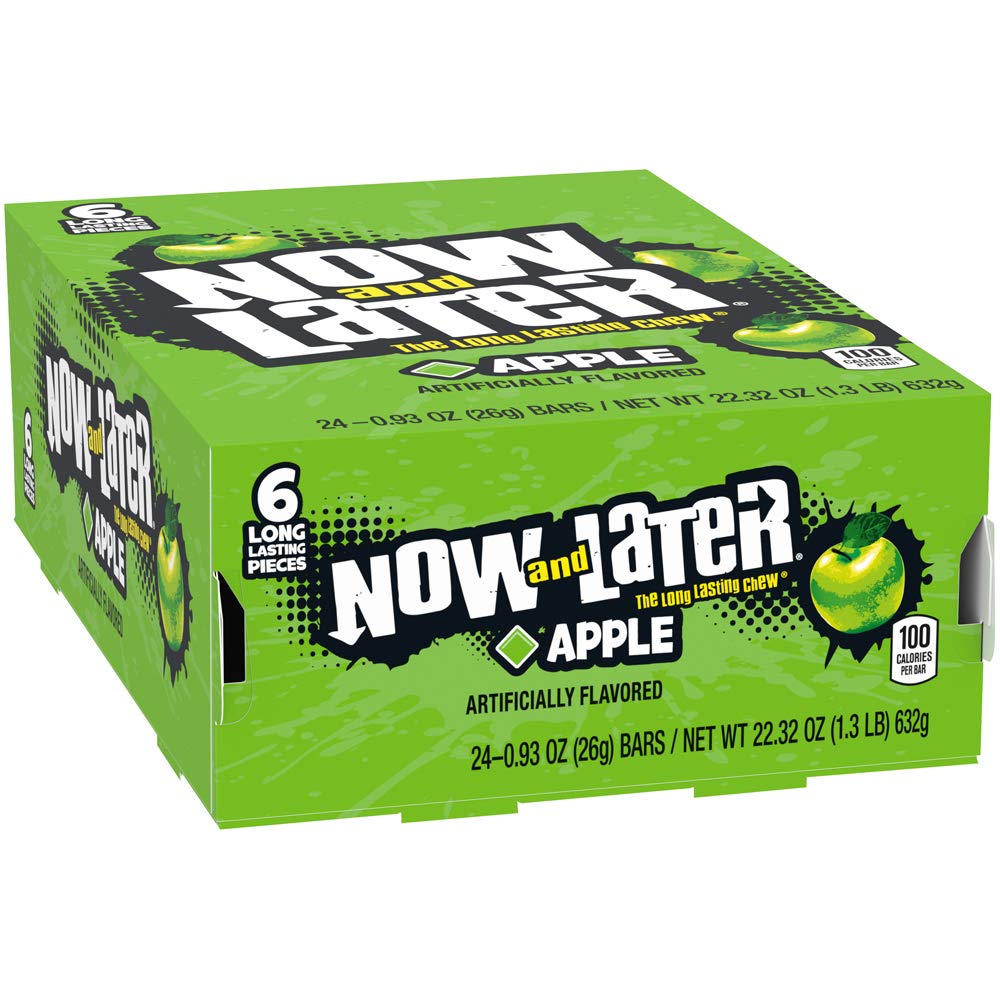 Now and Later apple taffy piece shows chewy texture for on-the-go snacking.