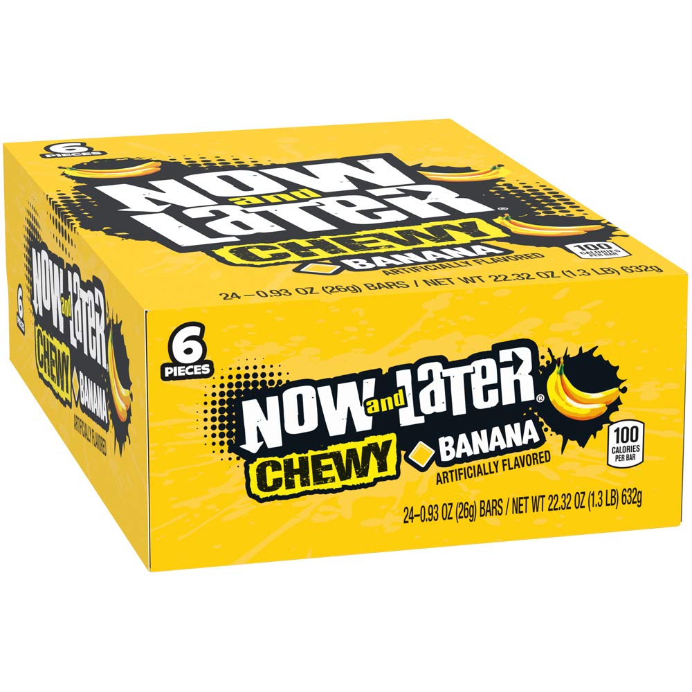 Now and Later banana bars front view of the 24-pack, ideal for on-the-go snacking.