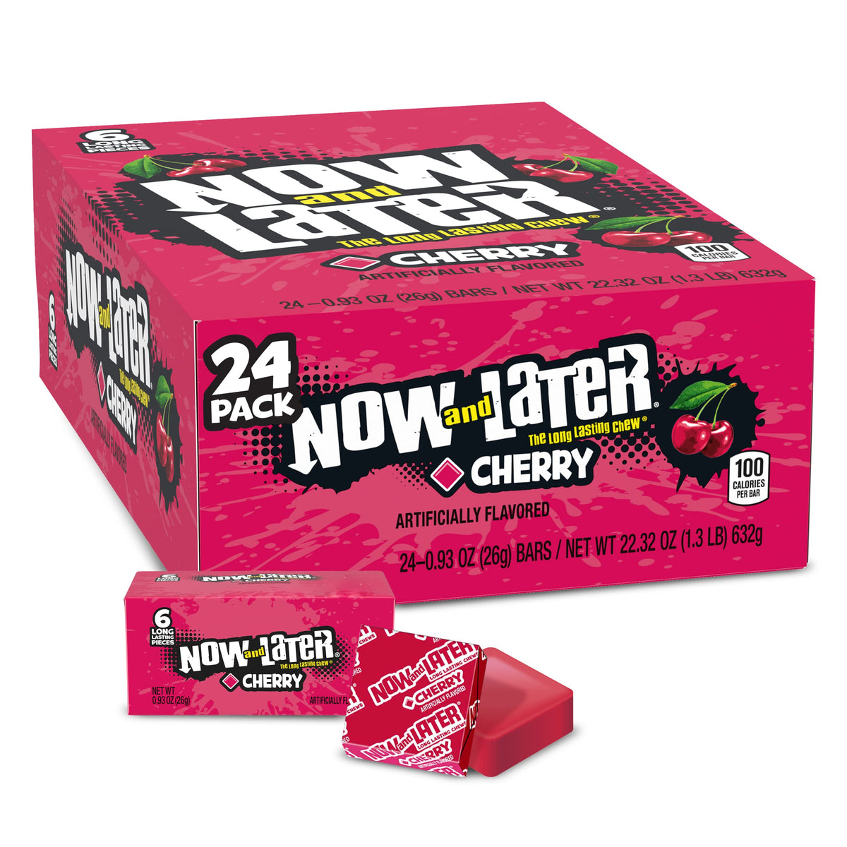 Now and Later cherry pack front, 24-pack ideal for sharing.