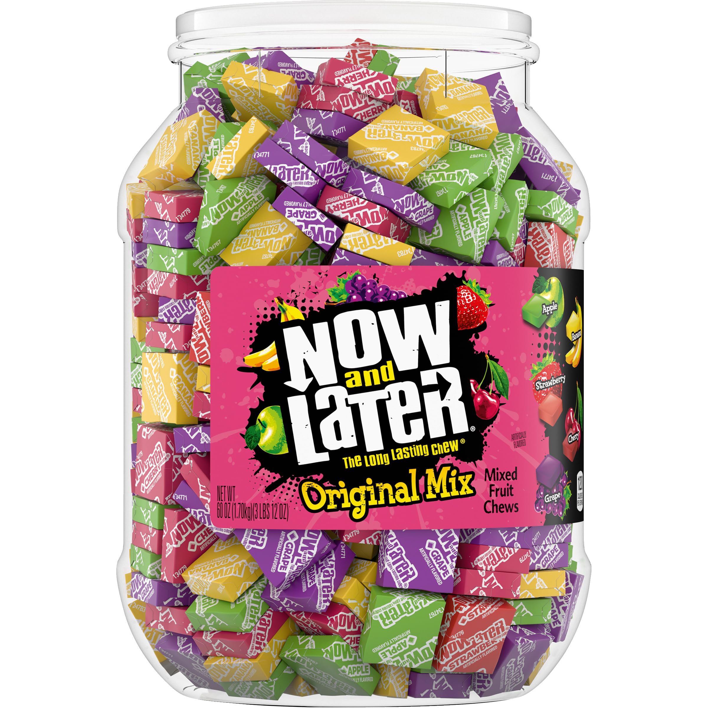 Now and Later Original Mix jar showing fruity varieties with a long-lasting chew.