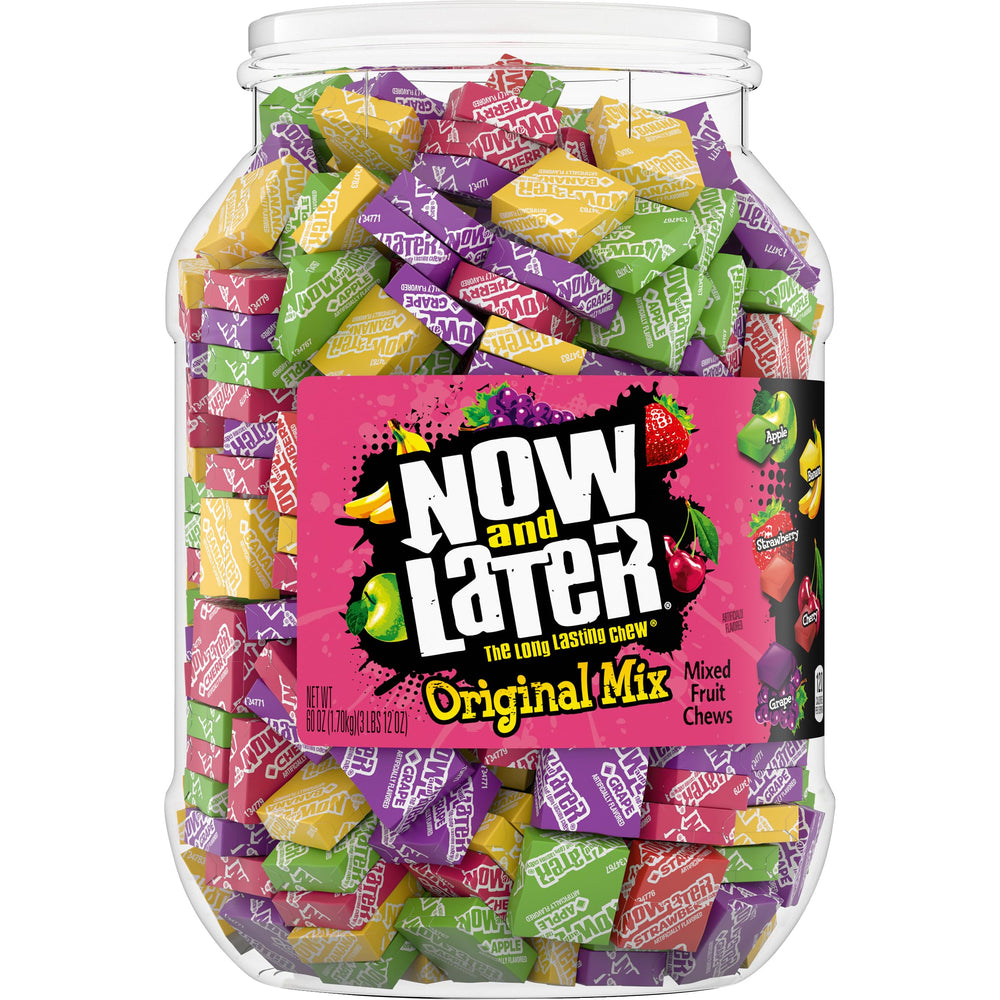 Now and Later Original Mix jar showing fruity varieties with a long-lasting chew.
