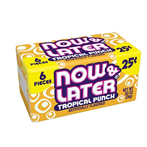 Now and Later Tropical Punch taffy six-piece per pack, long-lasting chew for snack time.