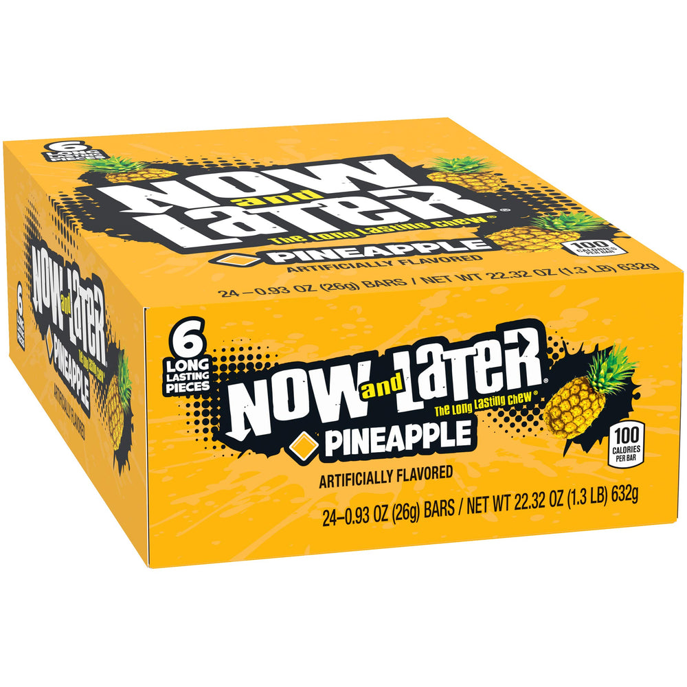 Now and Later pineapple taffy box with 24 packs for sharing.