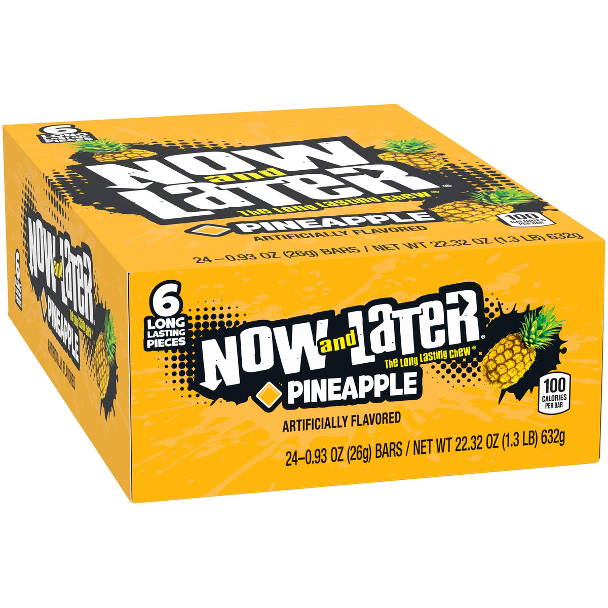Now and Later pineapple taffy box with 24 packs for sharing.