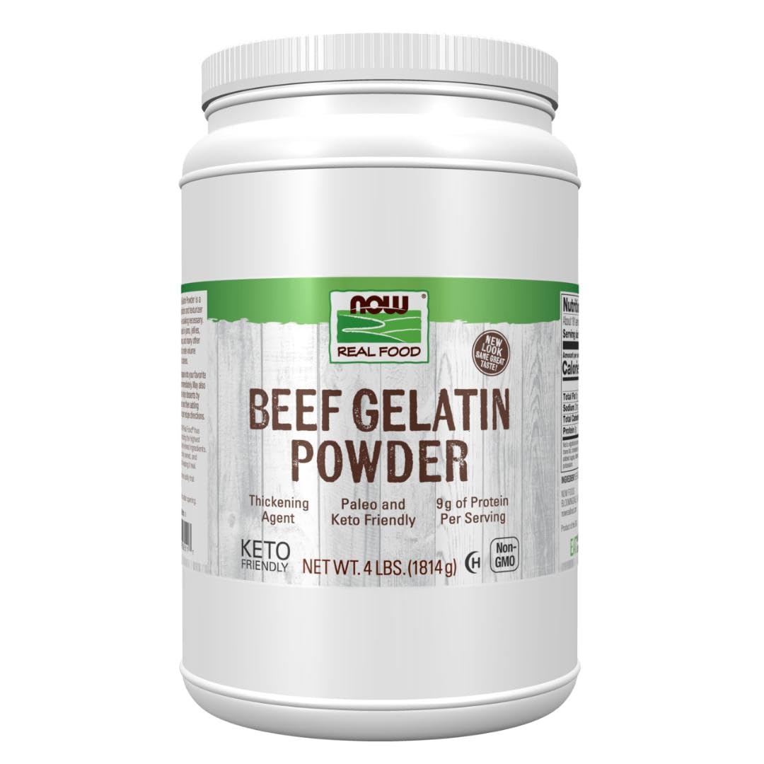 NOW Foods beef gelatin powder 4 lb container for natural thickening and protein.