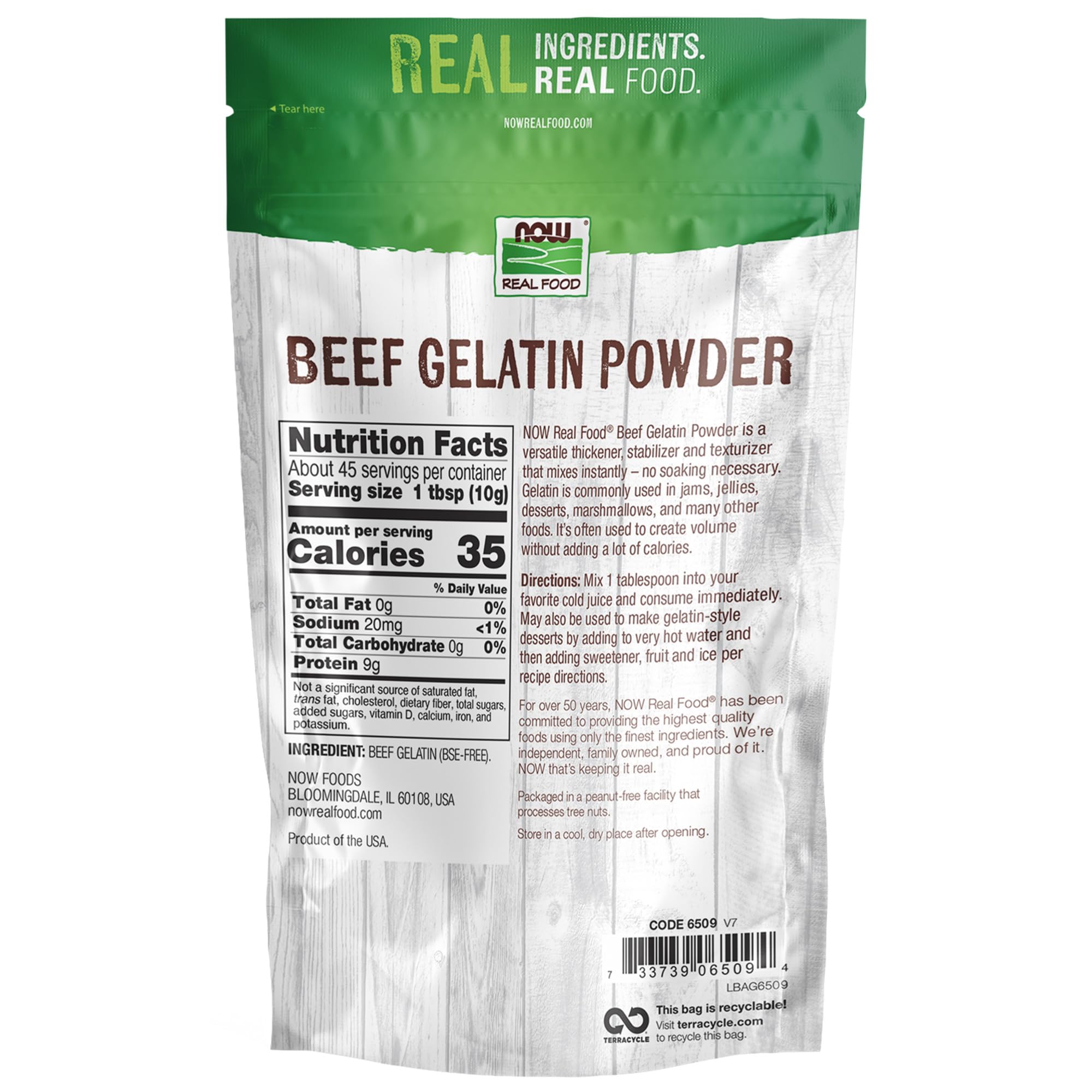 NOW Foods beef gelatin powder dissolves in cold juice for a protein boost.