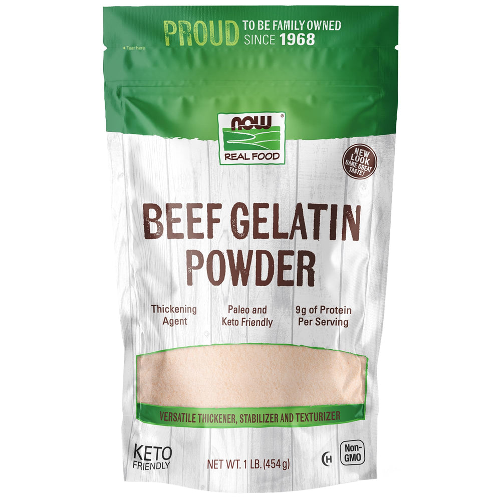NOW Foods beef gelatin powder with scoop for instant thickening in drinks.