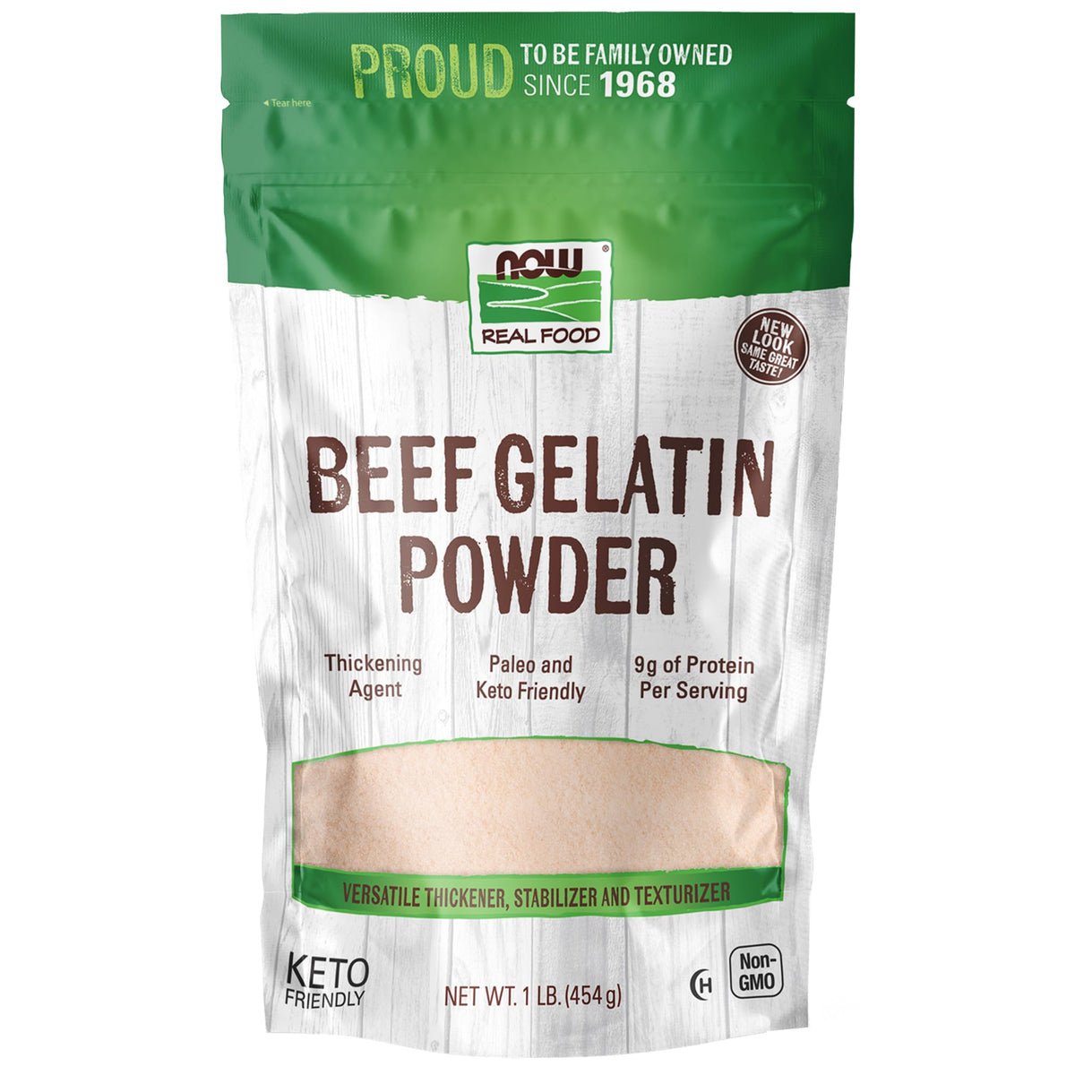 NOW Foods beef gelatin powder with scoop for instant thickening in drinks.