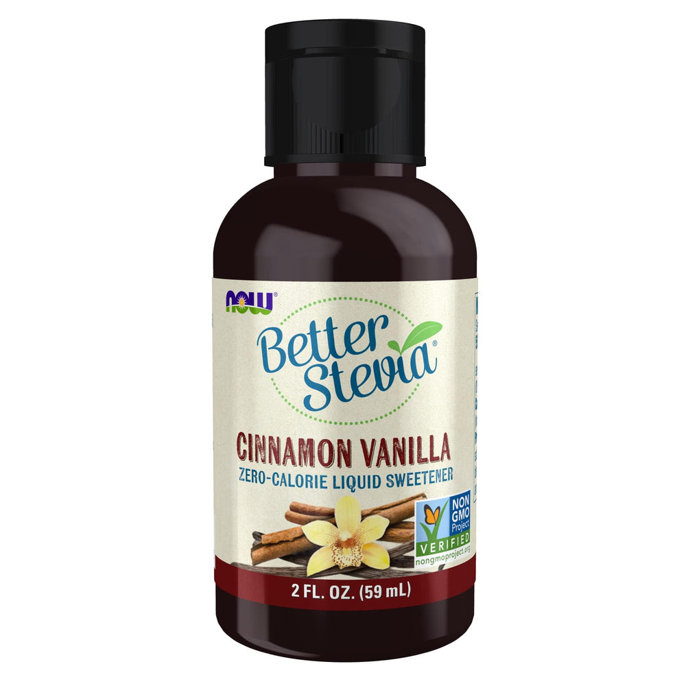 NOW Foods BetterStevia Cinnamon Vanilla bottle with easy flip-top cap for mess-free use