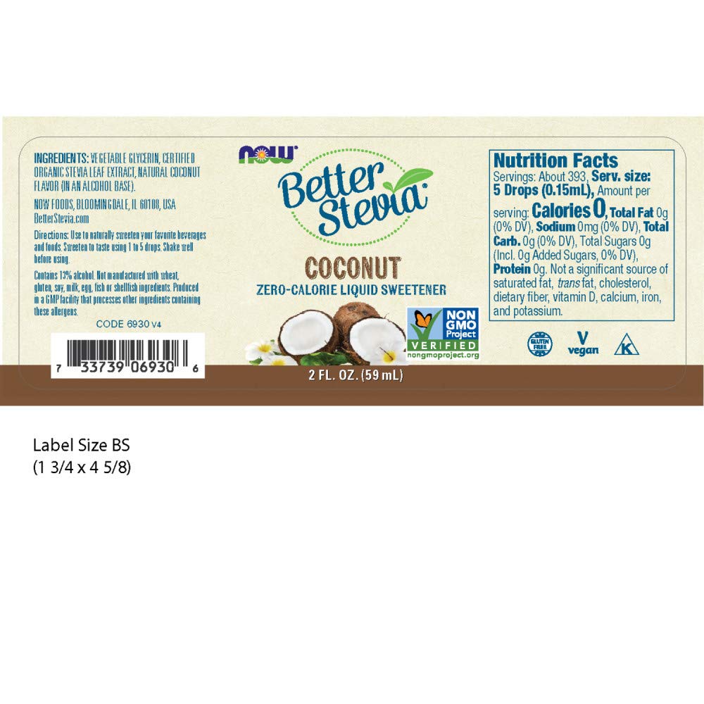 NOW Foods BetterStevia Coconut drops with dropper for precise, zero-calorie sweetness
