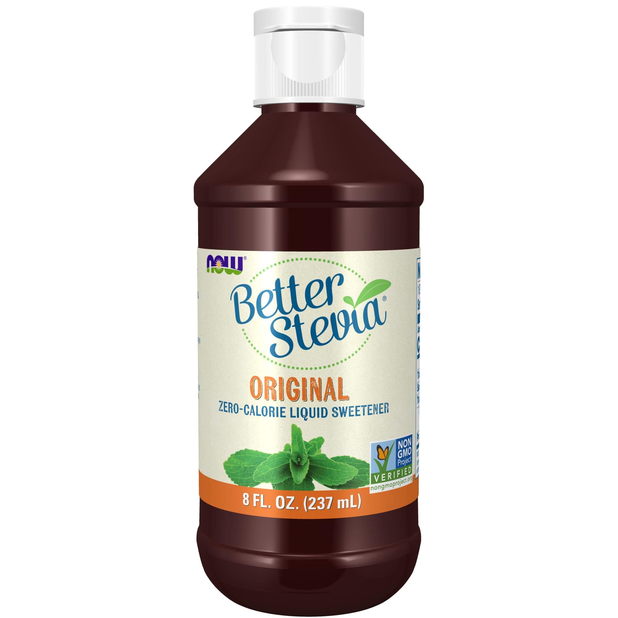 NOW Foods BetterStevia Liquid bottle front label showing zero-calorie sweetness claim