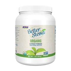 NOW Foods BetterStevia organic extract powder bottle for sugar-free beverages.