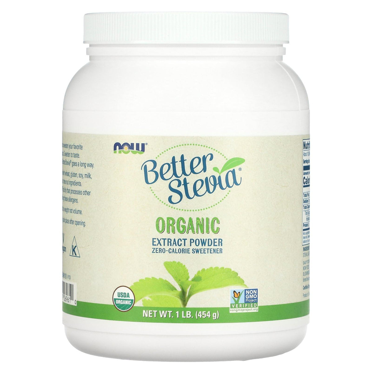 NOW Foods BetterStevia organic extract powder jar shows convenient packaging for everyday sweetness.