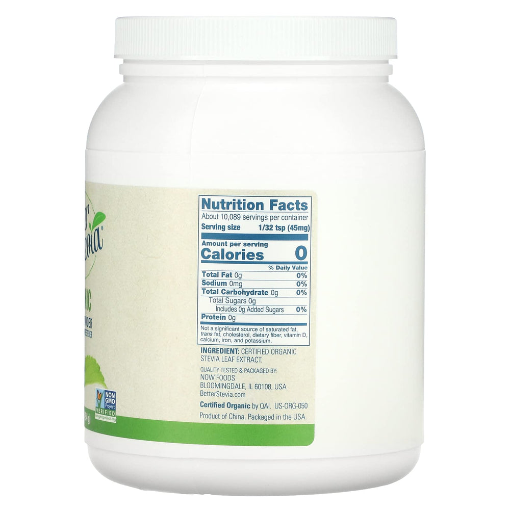 NOW Foods BetterStevia powder with measuring spoon emphasizes precise, keto-friendly sweetness for beverages.