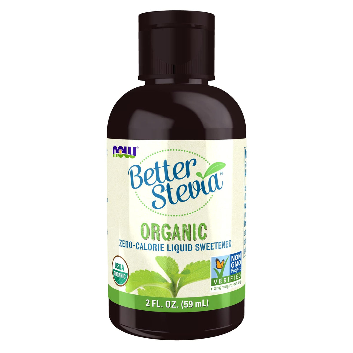 NOW Foods BetterStevia Organic Liquid bottle pour for hot or cold drinks.