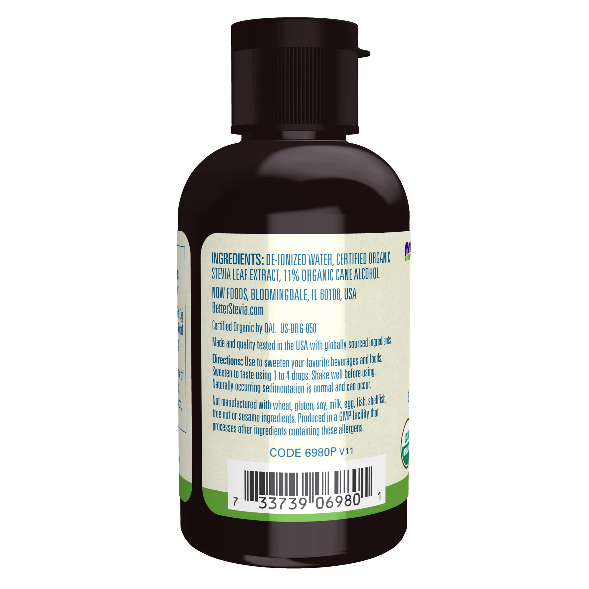 NOW Foods BetterStevia Organic Liquid label closeup highlighting organic stevia.