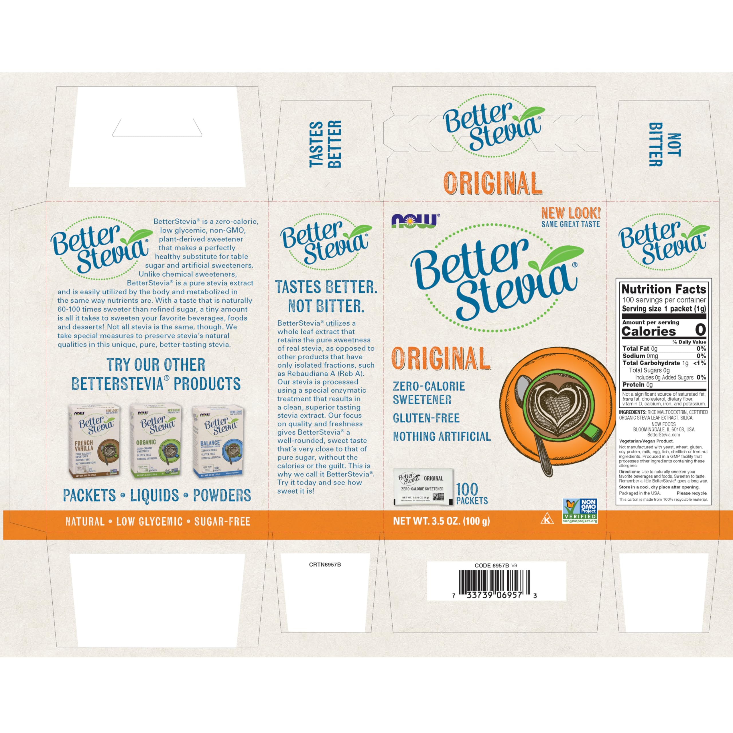 Close-up of BetterStevia packet showing natural whole-leaf stevia extract for purity.