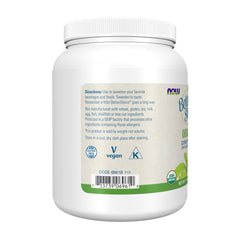 NOW Foods BetterStevia powder dissolving in hot tea for natural sweetness.