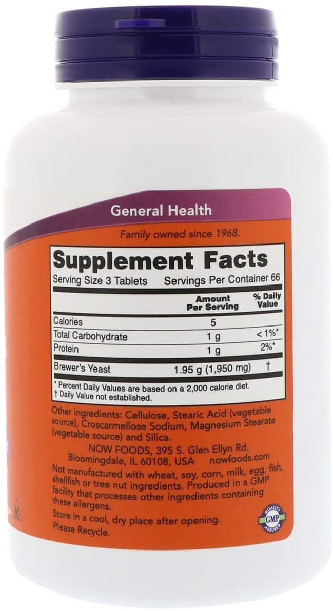 NOW Foods Brewer's Yeast bottle label close-up for daily nutrition.