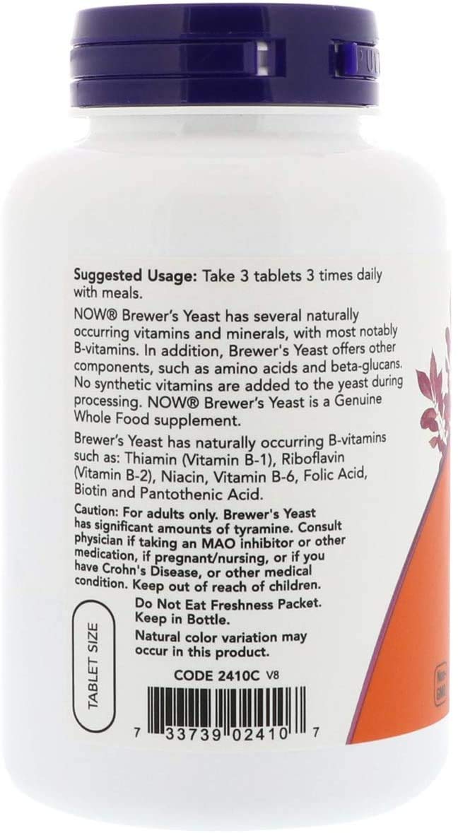 NOW Foods Brewer's Yeast tablets close-up, 650 mg per tablet for daily use.