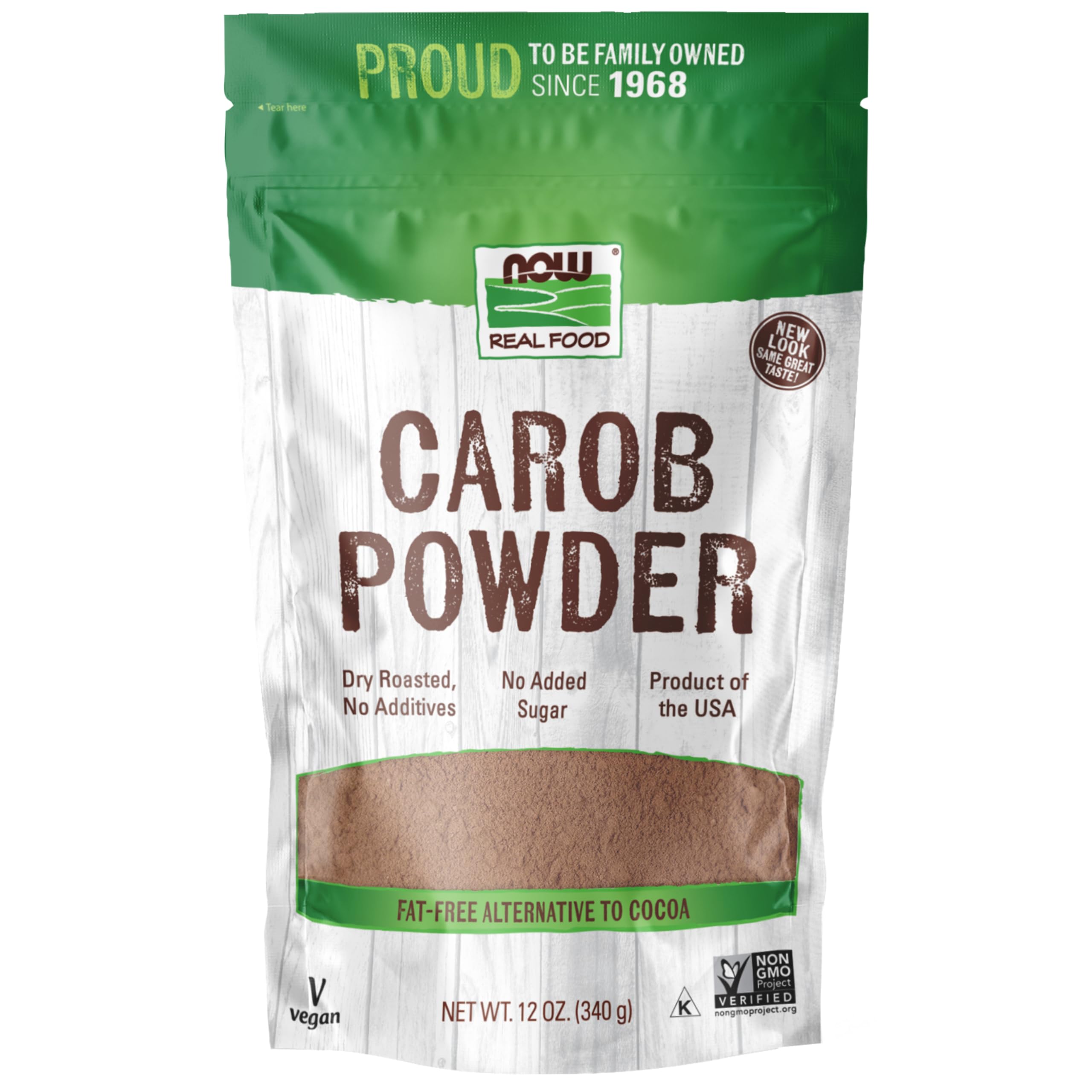 NOW Foods Carob Powder dry roasted; natural chocolate-like flavor.