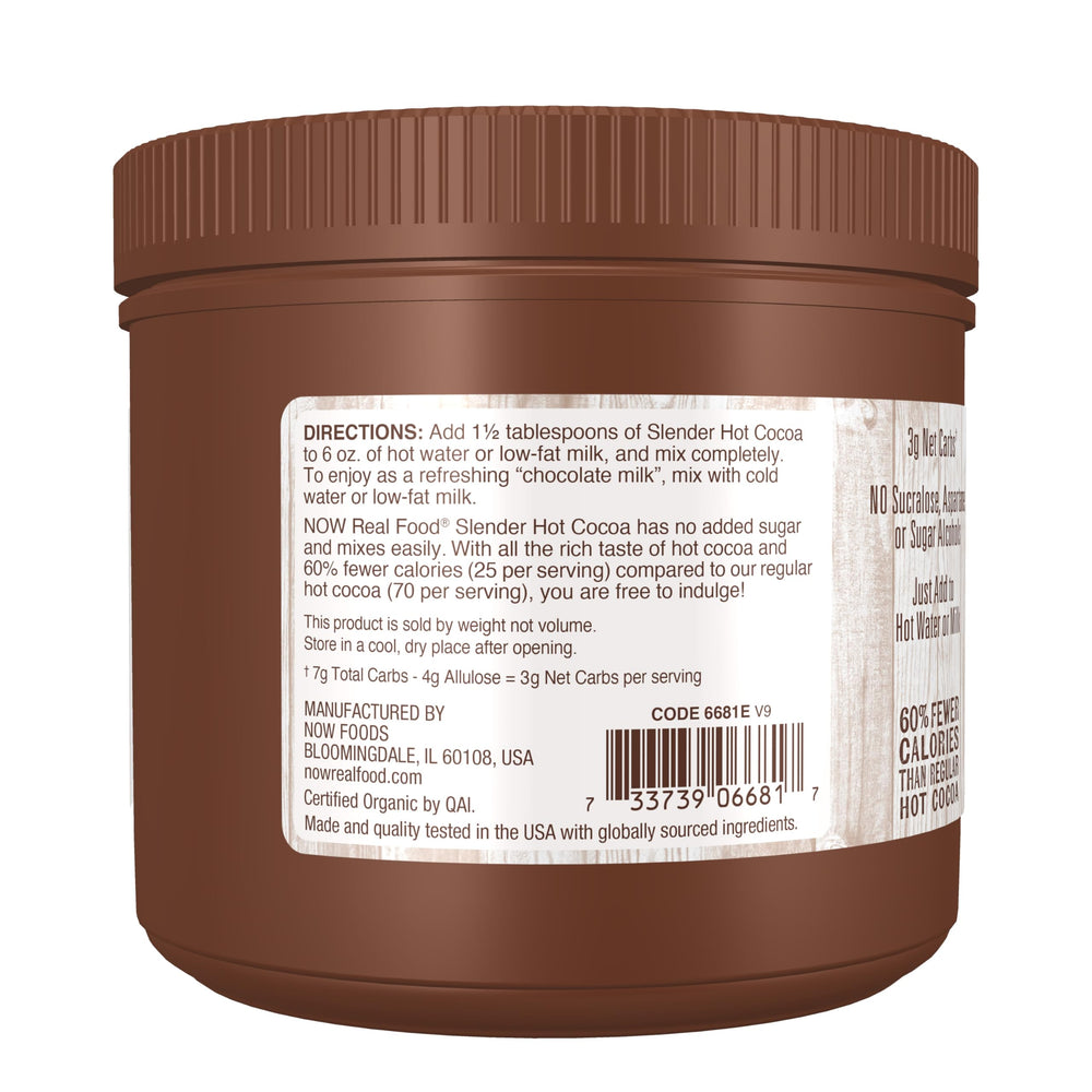 NOW Foods Cocoa Lovers Slender Hot Cocoa in a cup ready to sip with fewer calories.