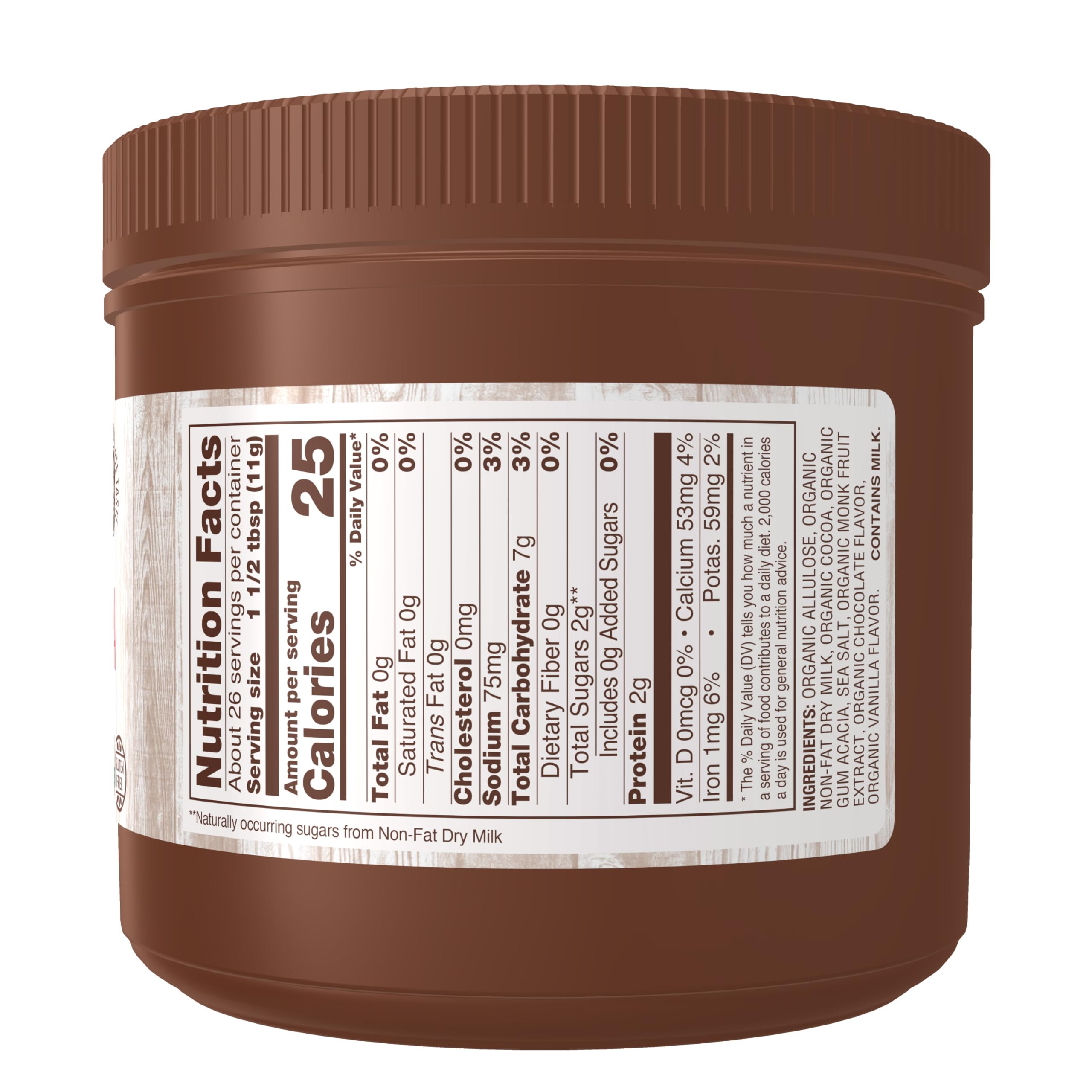 NOW Foods Cocoa Lovers Slender Hot Cocoa measured with a spoon showing monk fruit sweetness.