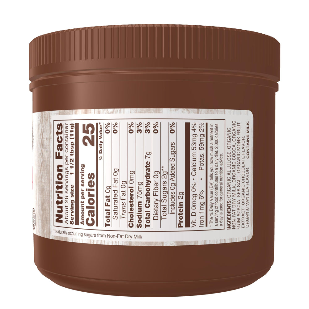 NOW Foods Cocoa Lovers Slender Hot Cocoa measured with a spoon showing monk fruit sweetness.
