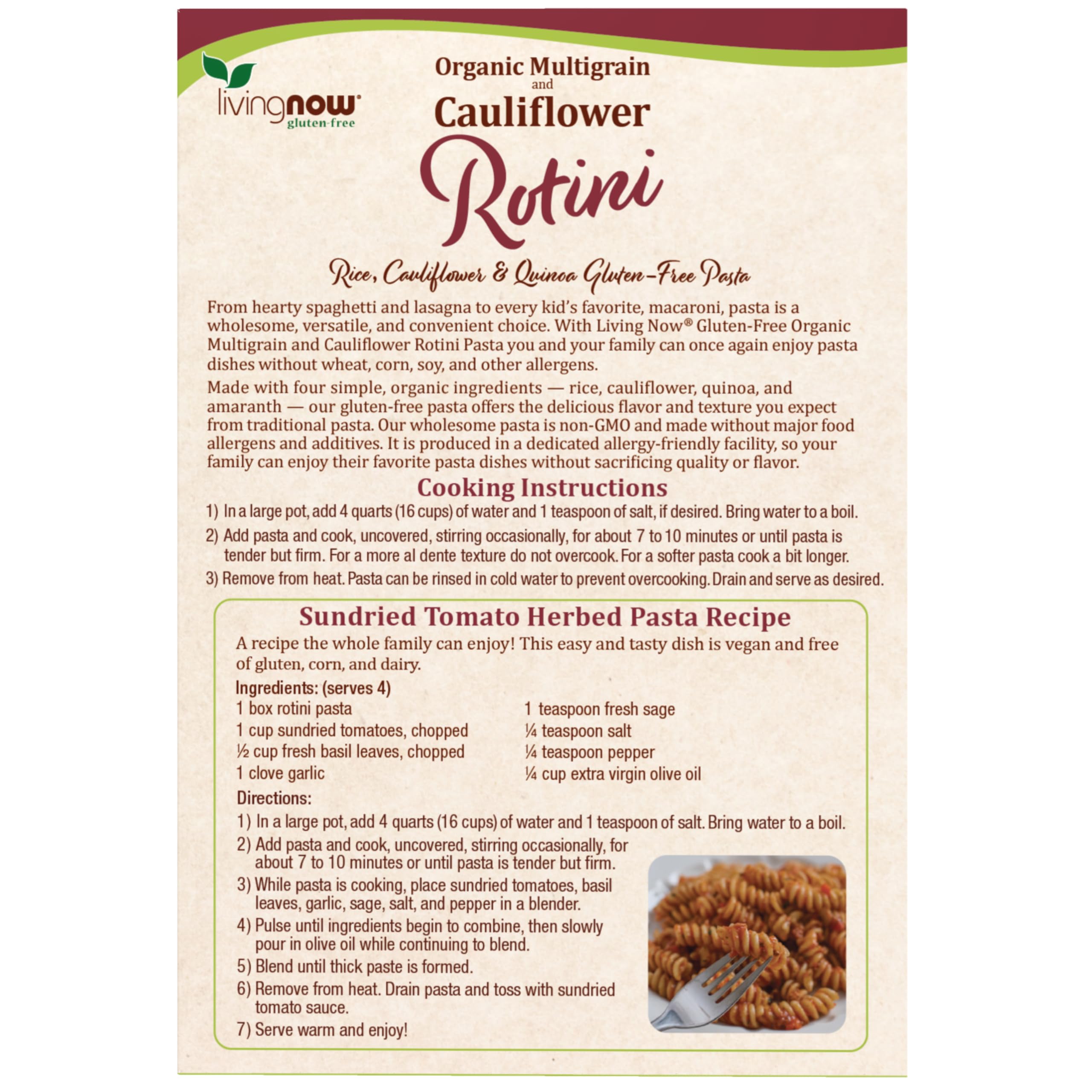 NOW Foods Living Now rotini plated dish shows a family-friendly gluten-free meal.