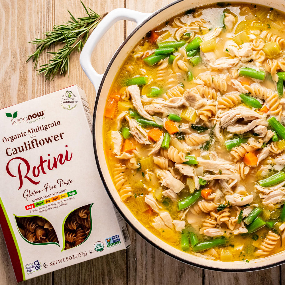NOW Foods Living Now rotini label emphasizes certifications and dedicated allergy-friendly production.
