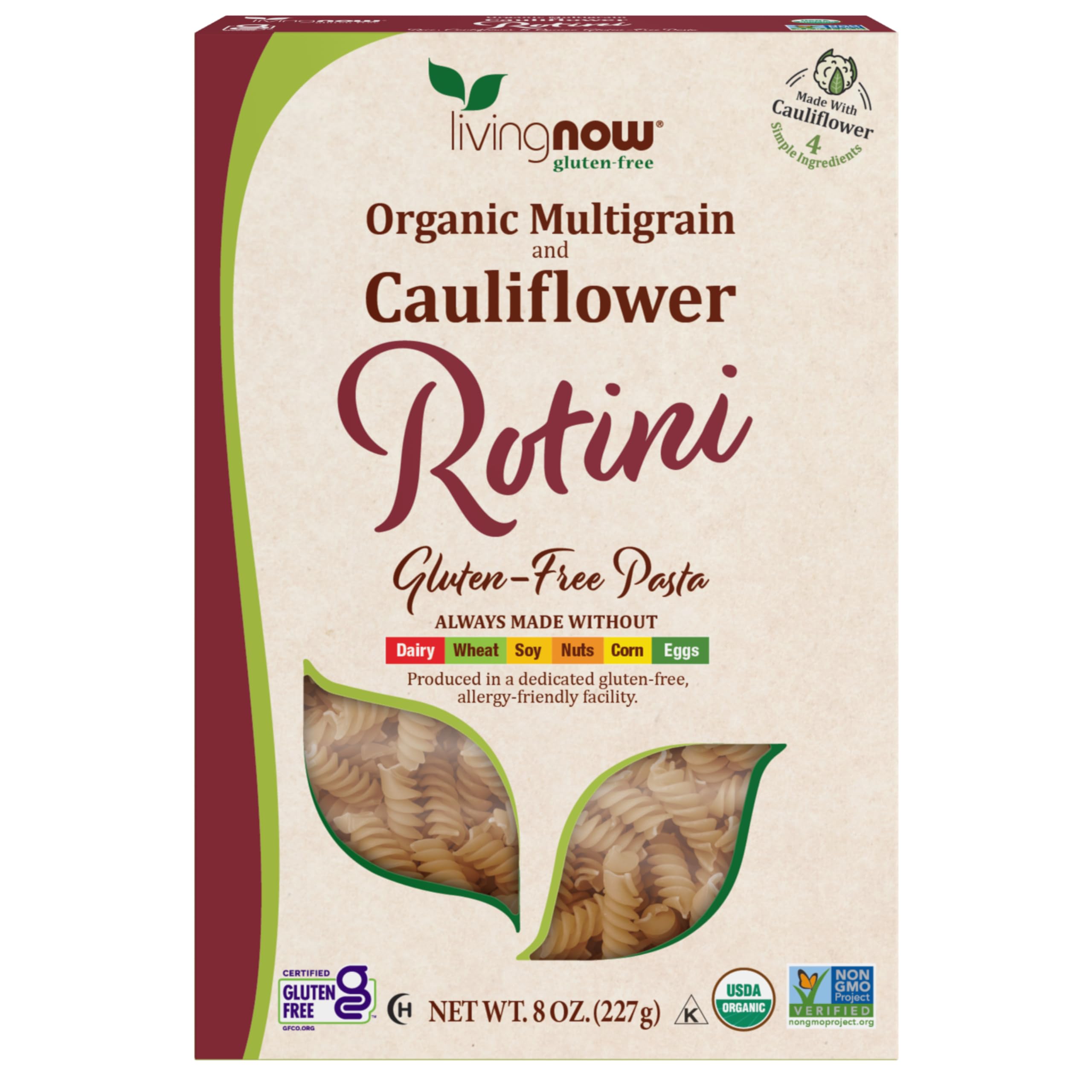 NOW Foods Living Now gluten-free rotini packaging highlights organic ingredients and allergy-friendly production.