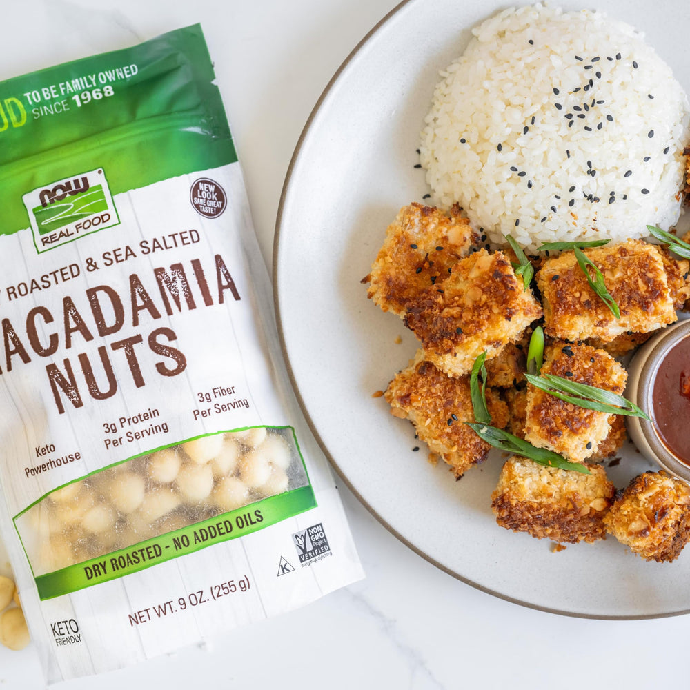 NOW Foods Macadamia nuts in a baking dish for crusts.