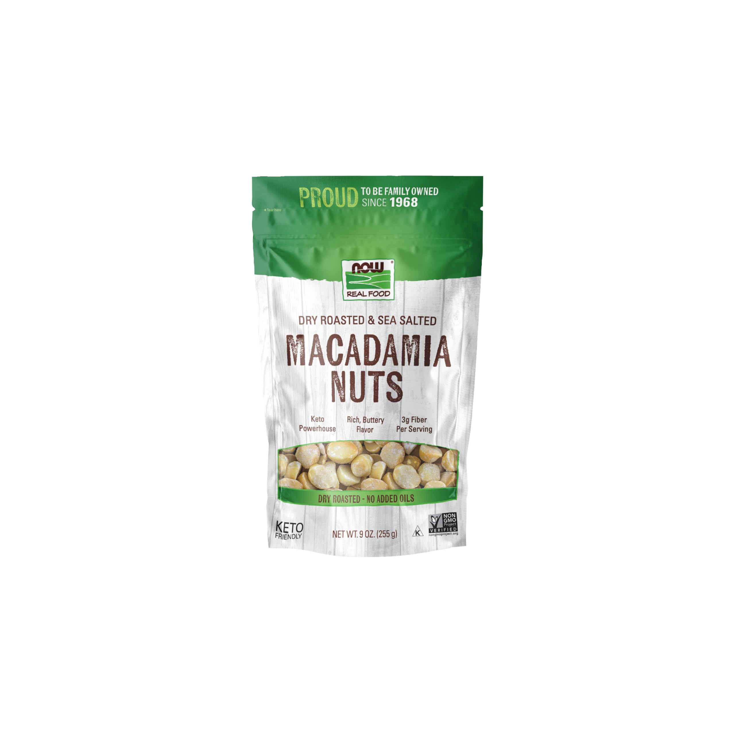 NOW Foods Macadamia nuts in a full bag showing packaging and fiber source.
