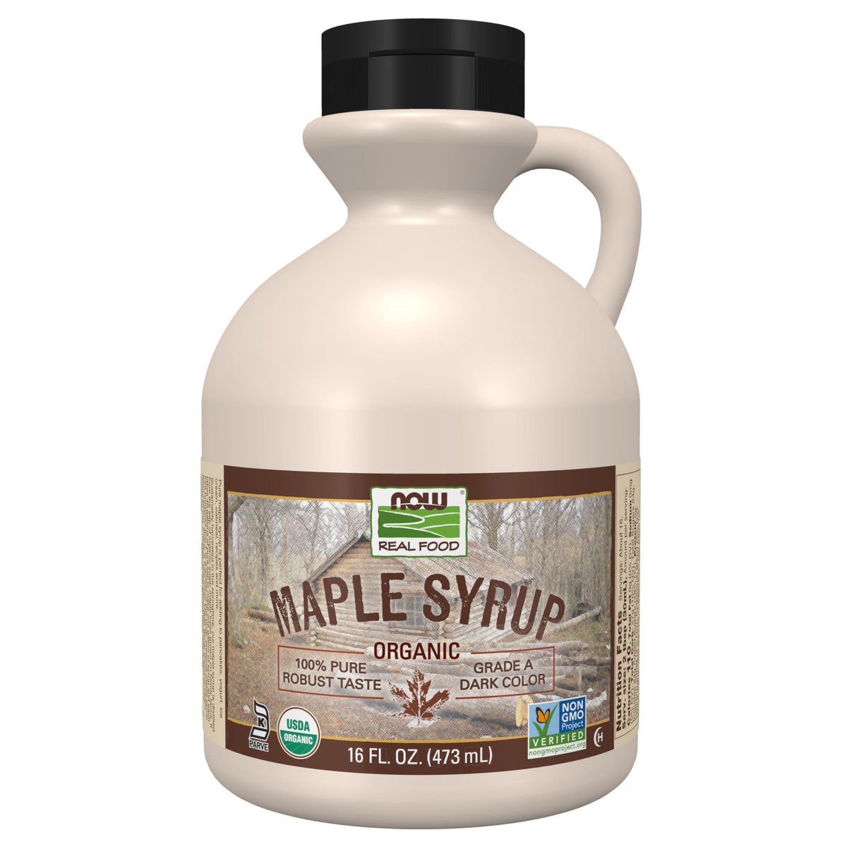 NOW Foods maple syrup bottle front highlighting organic, dark flavor for pancakes and toppings.