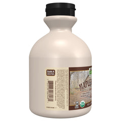 NOW Foods maple syrup label displays certifications and organic status for clean sweetening.