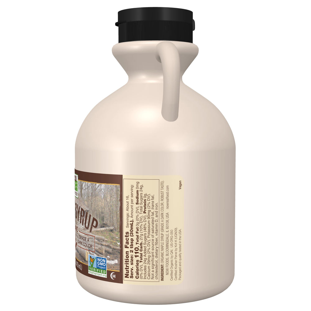 NOW Foods maple syrup with pancakes showcasing its deep, robust Grade A flavor.
