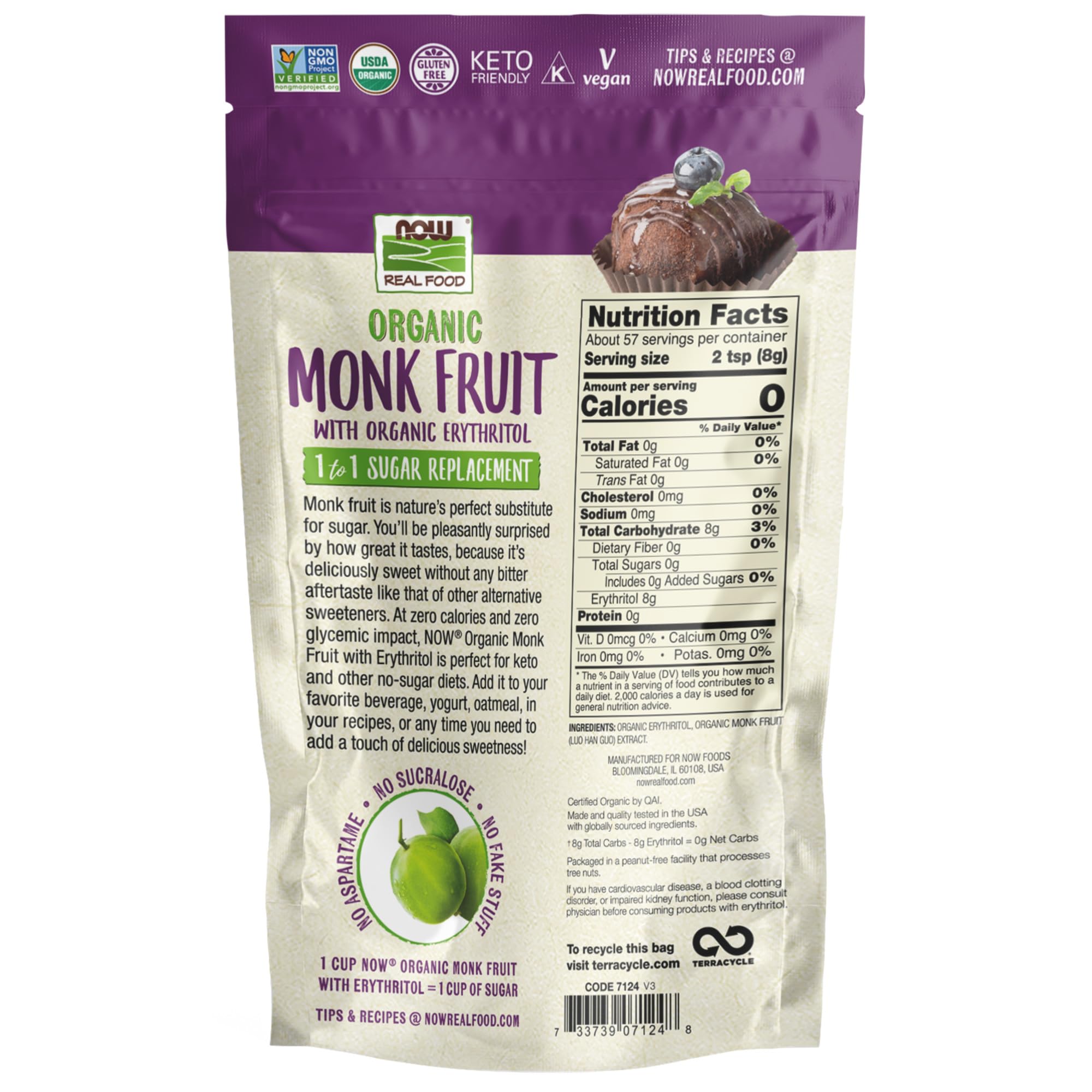 NOW Foods monk fruit erythritol powder pours for easy measuring.