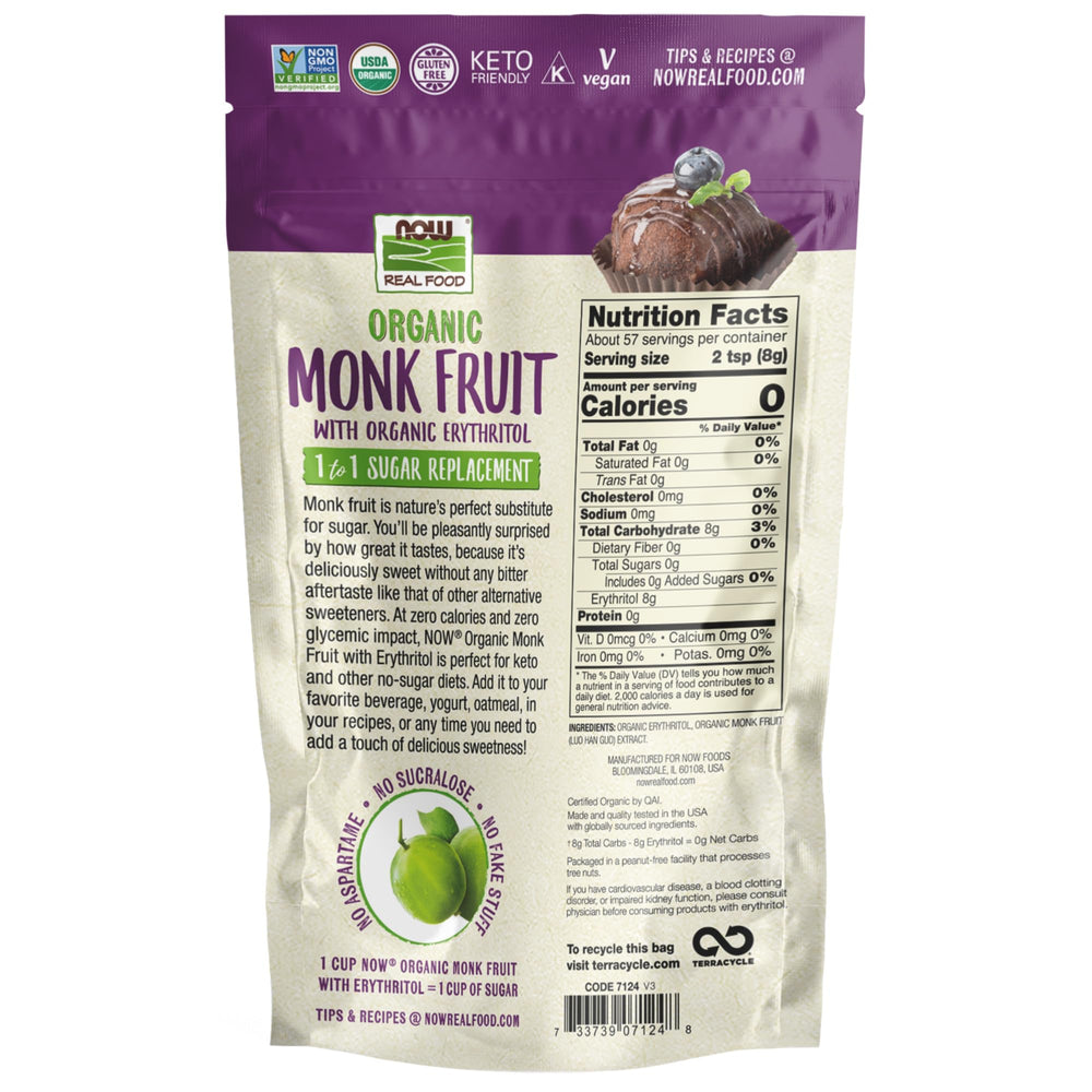 NOW Foods monk fruit erythritol powder pours for easy measuring.