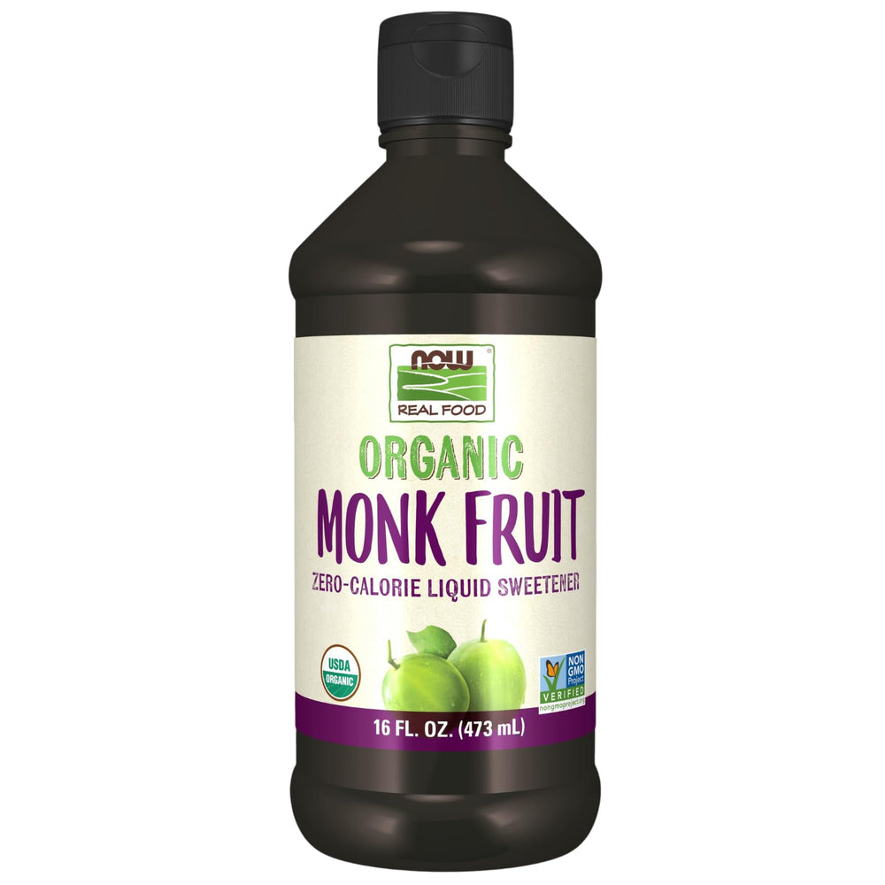 NOW Foods Monk Fruit Liquid bottle displaying organic zero-calorie sweetness for beverages
