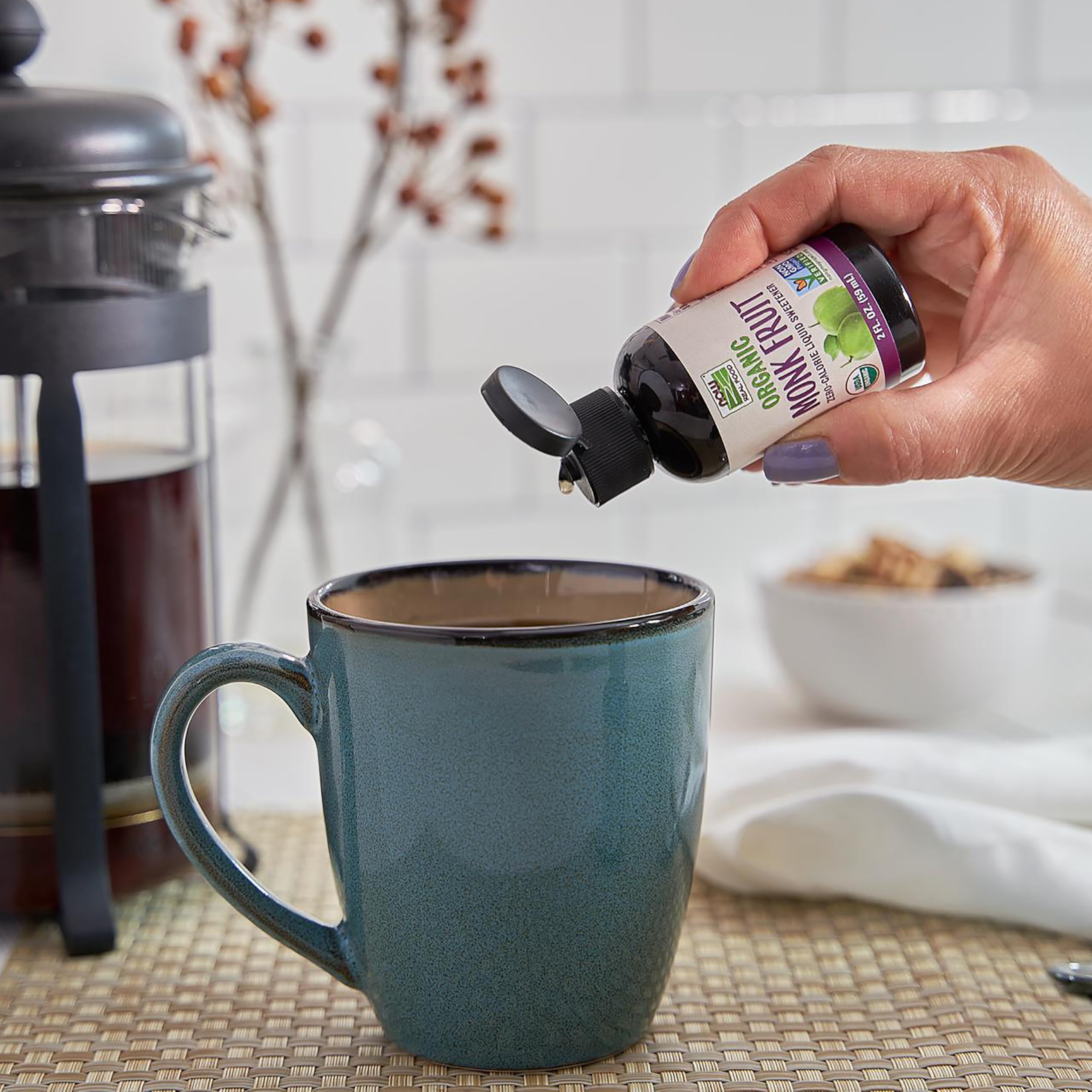 NOW Foods Monk Fruit Liquid enhances coffee or tea sweetness without sugar spikes