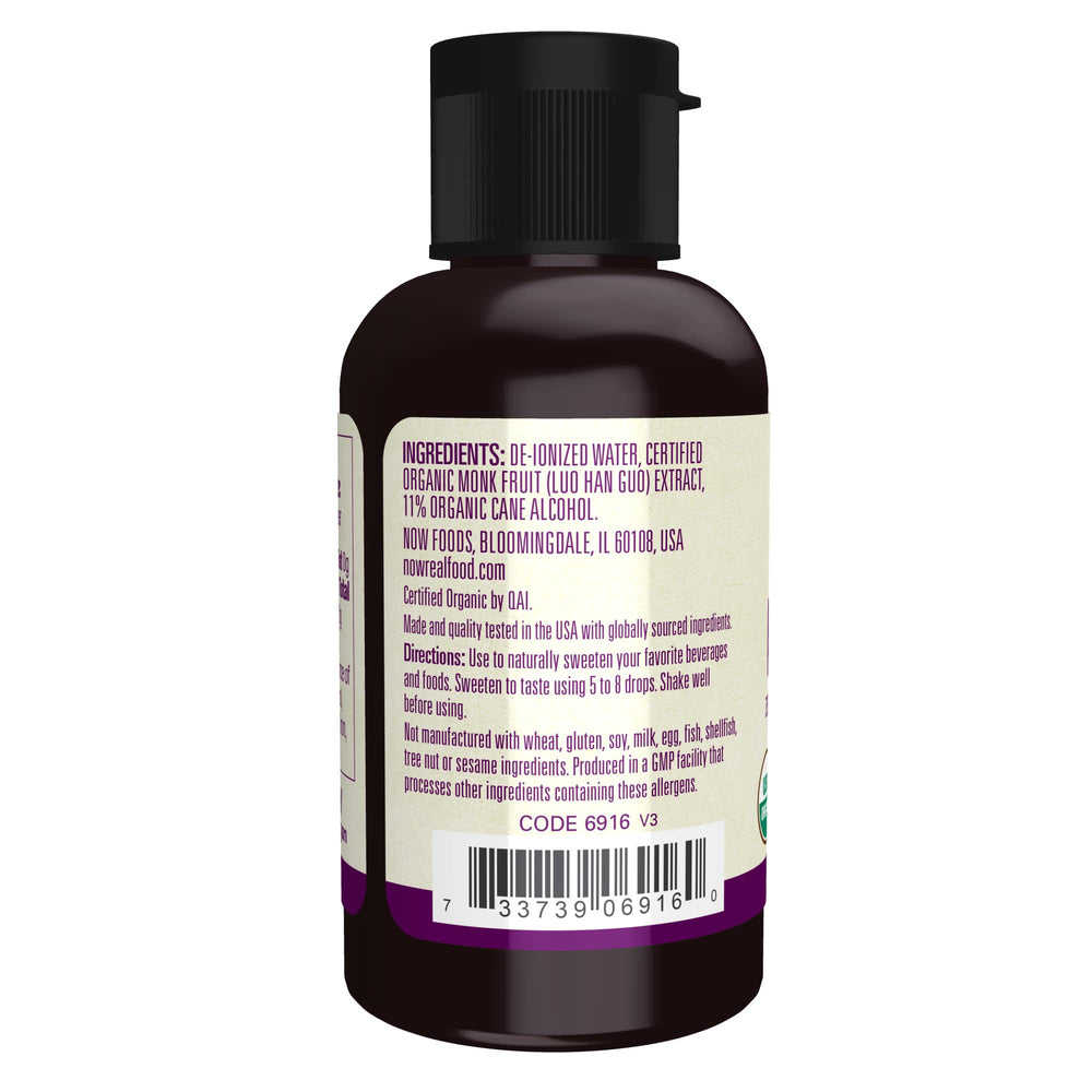 NOW Foods Monk Fruit Liquid label highlighting organic, non-GMO quality