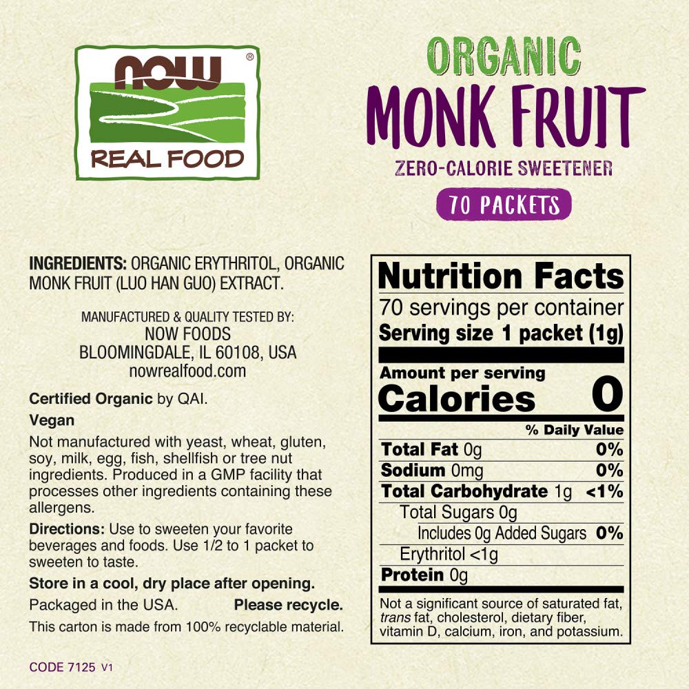NOW Foods Monk Fruit packets close-up surface showing convenient single-serve sachets for on-the-go use