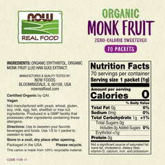NOW Foods Monk Fruit packets close-up surface showing convenient single-serve sachets for on-the-go use