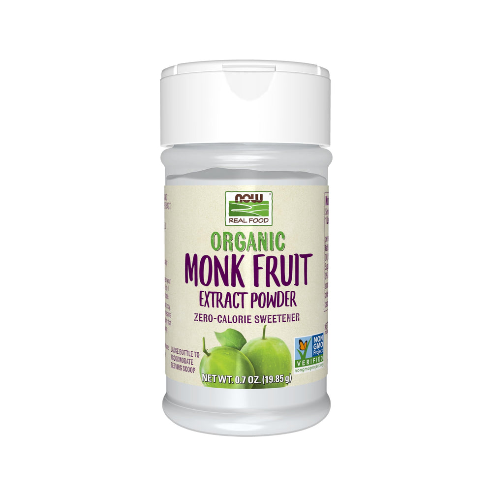 NOW Foods monk fruit powder bottle ready for zero-calorie sweetness