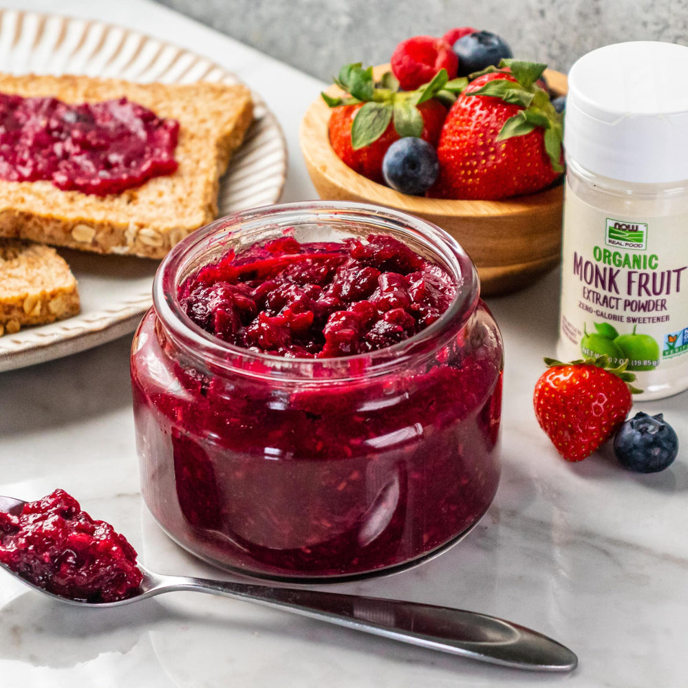 NOW Foods monk fruit powder glass jar shows natural, organic packaging