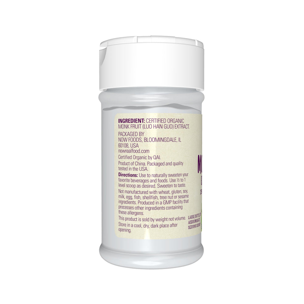 NOW Foods monk fruit powder organic label highlights quality certifications