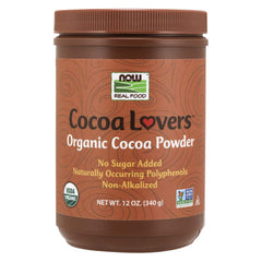 NOW Foods Organic Cocoa Powder unsweetened 12oz bottle, ideal for baking and recipes