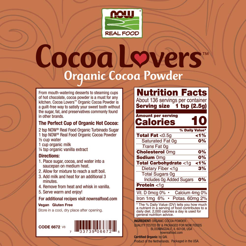 NOW Foods Organic Cocoa Powder unsweetened 12oz powder-in-bowl ready for recipes