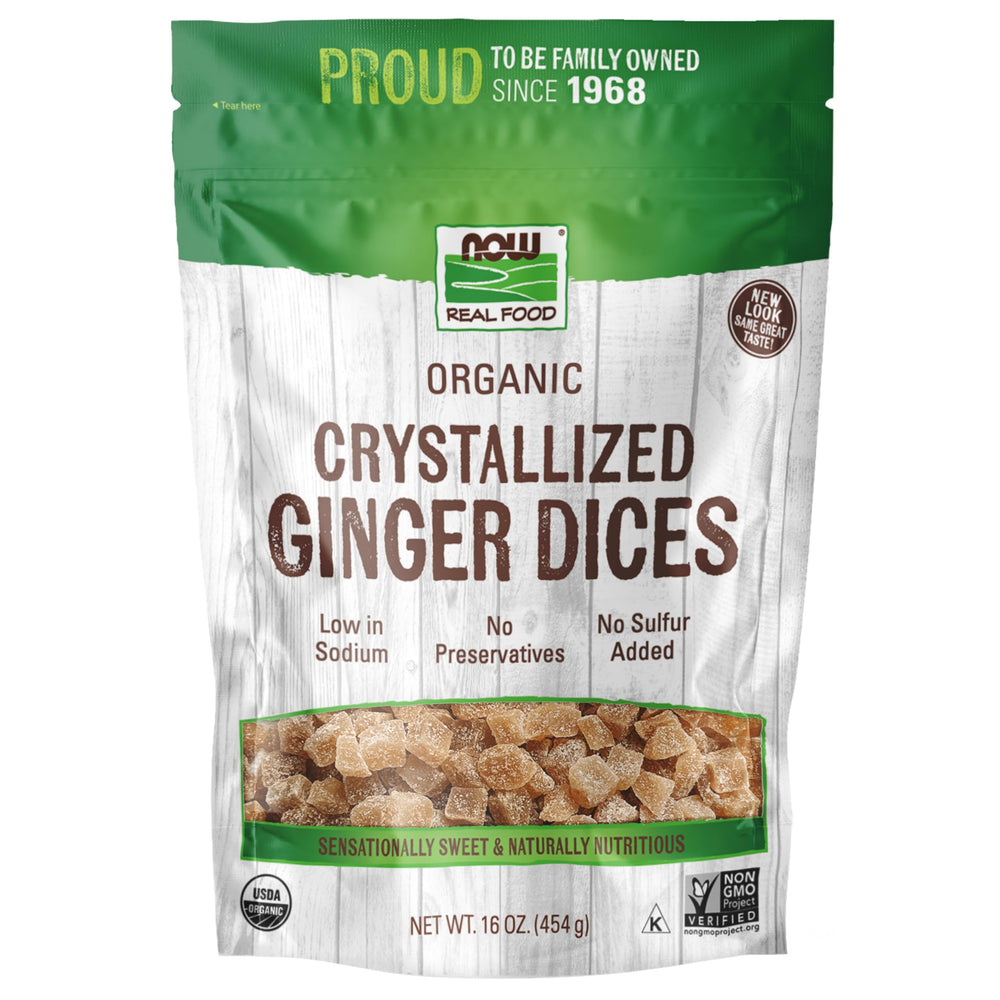 NOW Foods Organic Crystallized Ginger Dices package shows no preservatives